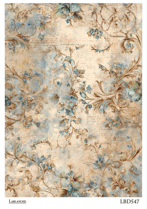 LaBlanche Vintage Blue & Gold Floral Scroll A4 Rice Paper