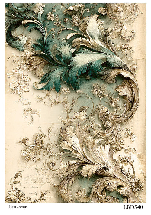 LaBlanche Teal and Gold Baroque Acanthus Scroll A4 Rice Paper