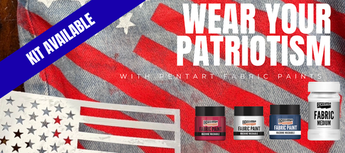 Create your one of a kind American Flag wearable.  Celebrating 250 years!  Kit comes with Red, White and Dark Blue Pentart Fabric Paints, Fabric Medium, and the DQ Flag stencil 8 1/2 by 11.  Create your own design!